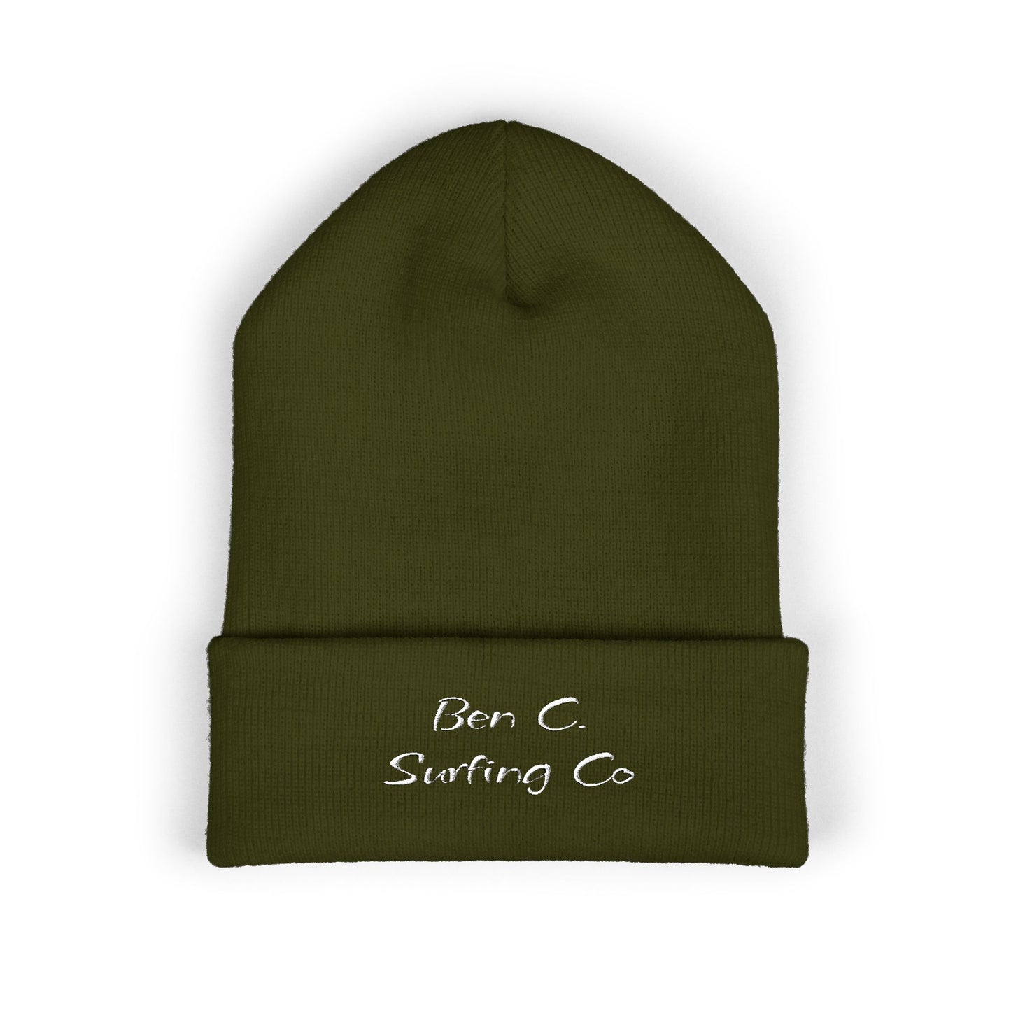 Embroidered 'Bun C Surfing Co' Classic Cuffed Beanie — Olive Knit Winter Hat