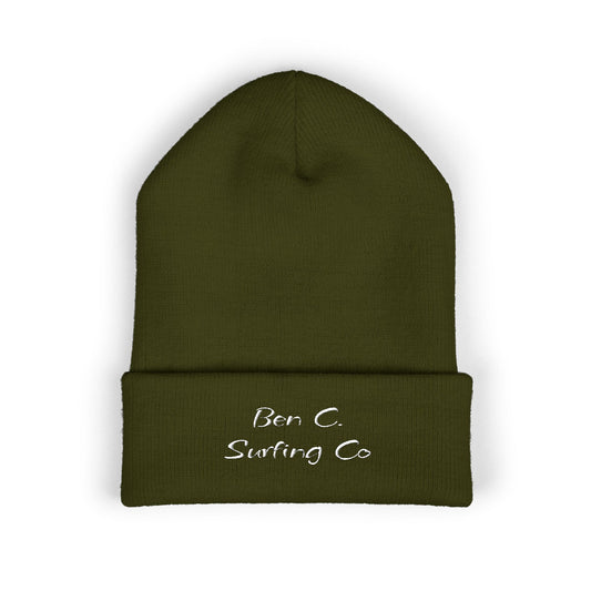 Embroidered 'Bun C Surfing Co' Classic Cuffed Beanie — Olive Knit Winter Hat