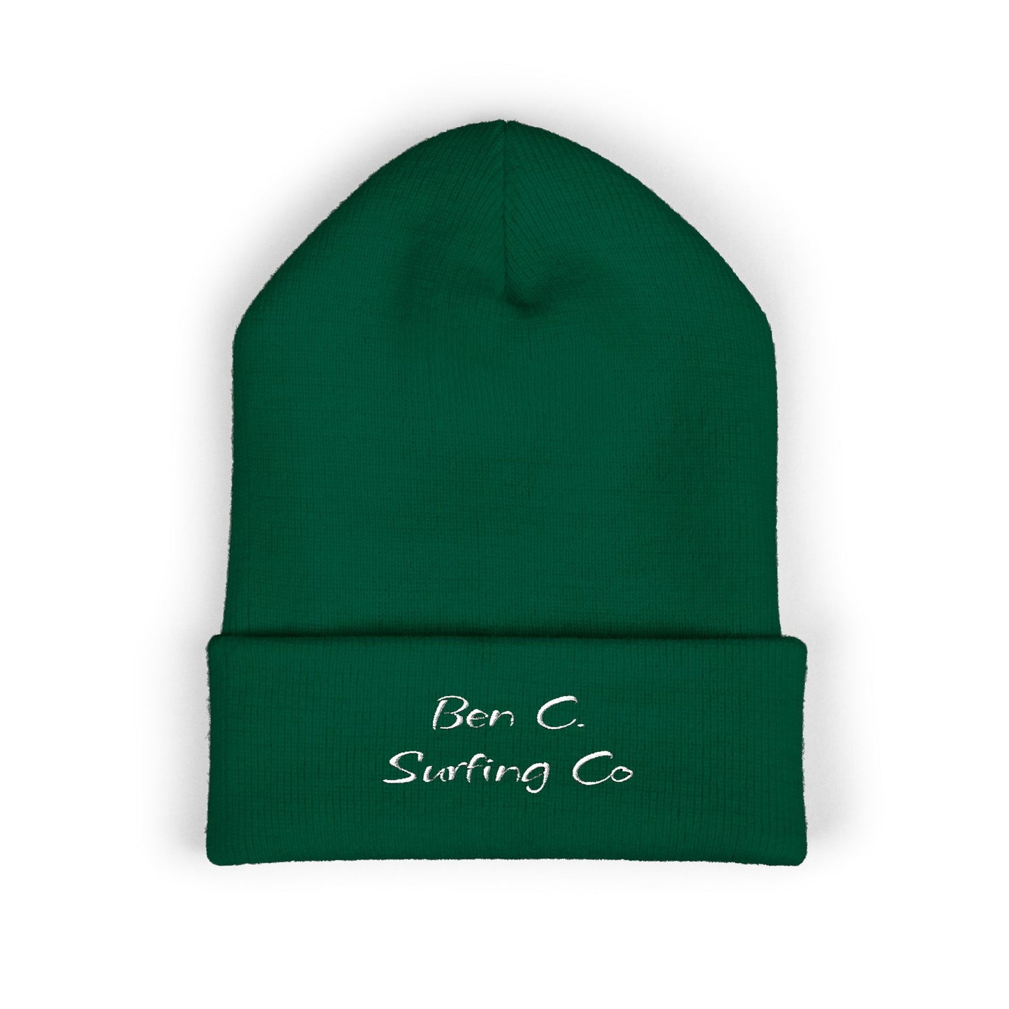 Embroidered 'Bun C Surfing Co' Classic Cuffed Beanie — Olive Knit Winter Hat