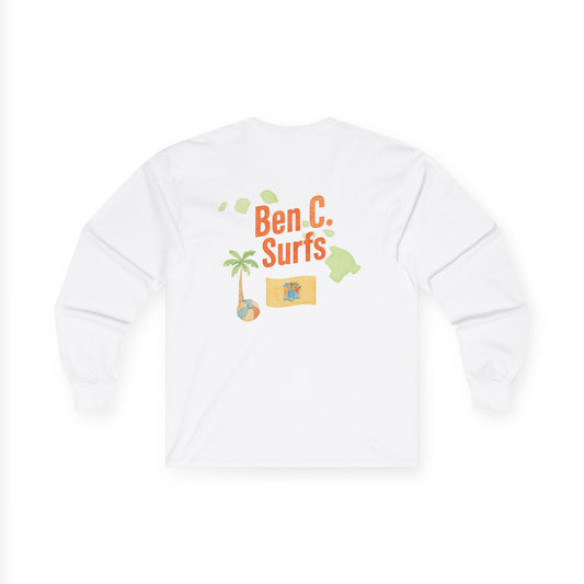 Ben C. Surfs Long Sleeve Tee — Hawaiian Surf Palm Island Graphic